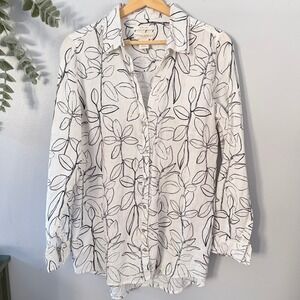 Cynthia Rowley Button Up Shirt Coastal Beachy Resort Linen Leaf White Women's M